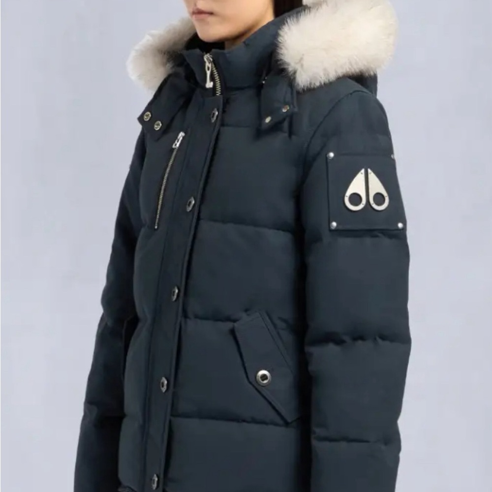 Moose Knuckles Blue Puffer Jacket with Fur Hood